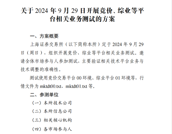 周日,上交所全网测试!划重点:集中申报大量订单时,验证竞价处理平稳运行