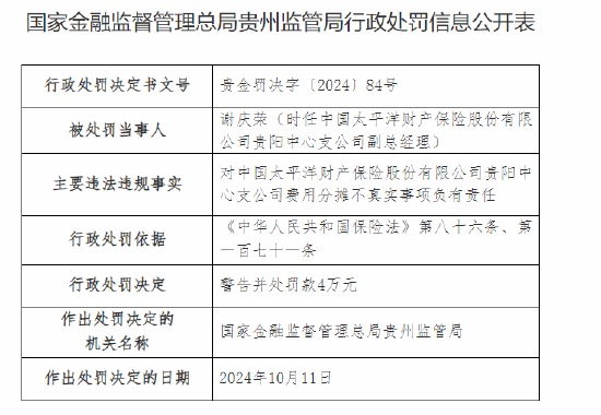 太平洋产险贵阳中心支公司被罚61万元:费用分摊不真实、虚列费用、虚构保险中介业务套取手续费