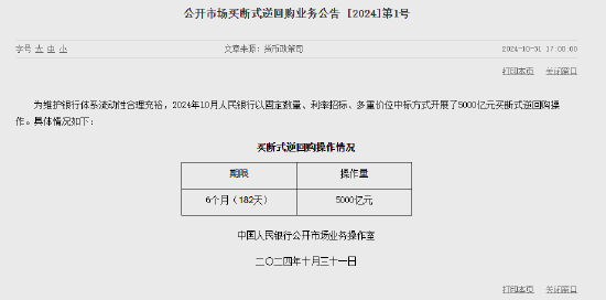 央行:10月开展了5000亿元买断式逆回购操作