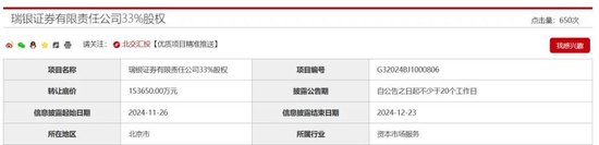 底价超15亿!瑞银证券33%股权被北京国资公司挂牌