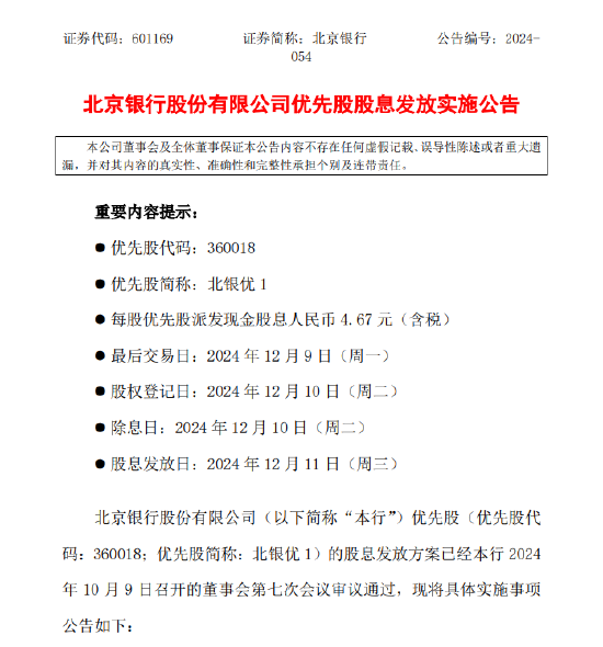 北京银行:发布优先股股息发放实施公告 每股优先股派发现金股息人民币4.67元