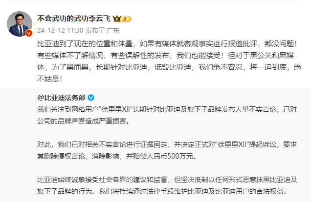索赔500万元!比亚迪法务部起诉博主“徐里里XlI”