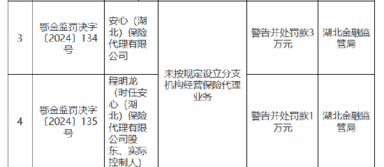 安心(湖北)保险代理有限公司被罚3万元:未按规定设立分支机构经营保险代理业务