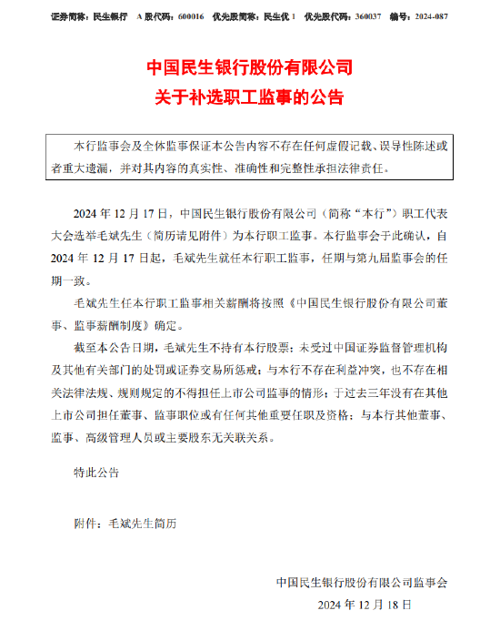 民生银行:选举毛斌为职工监事