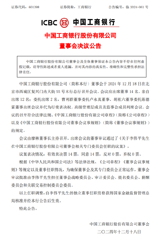 工商银行:12月18日召开董事会会议
