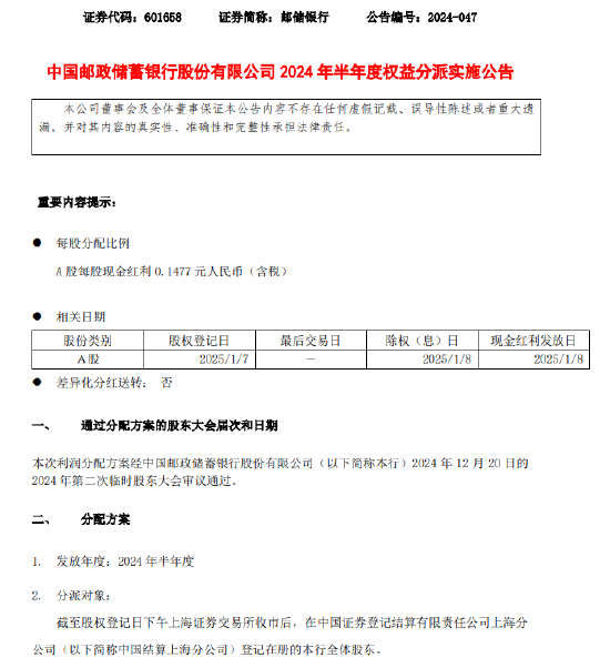 邮储银行:将于2025年1月8日派发半年度现金红利 每股派发现金红利0.1477元