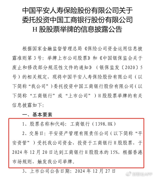 险资仍在“囤”银行!2024最后一天平安人寿举牌工商银行H股