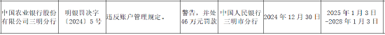 农业银行三明分行被罚46万元:因违反账户管理规定