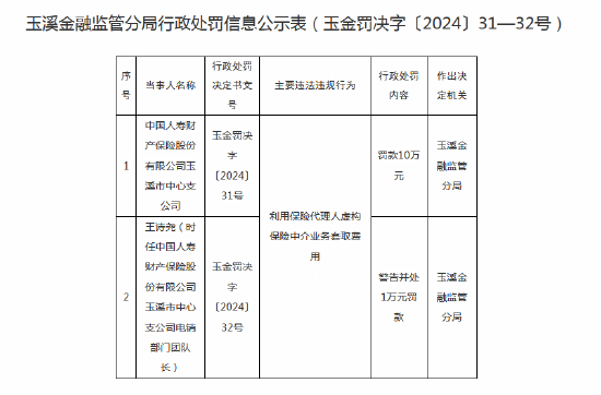 国寿财险玉溪市中心支公司被罚10万元:因利用保险代理人虚构保险中介业务套取费用