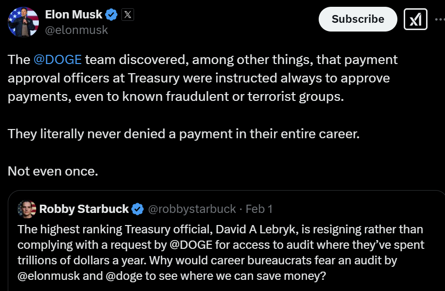 市场看到了吗?“马斯克式”削减赤字,震动美国政坛,“DOGE每周无偿工作120小时,而官僚们只有40小时”!