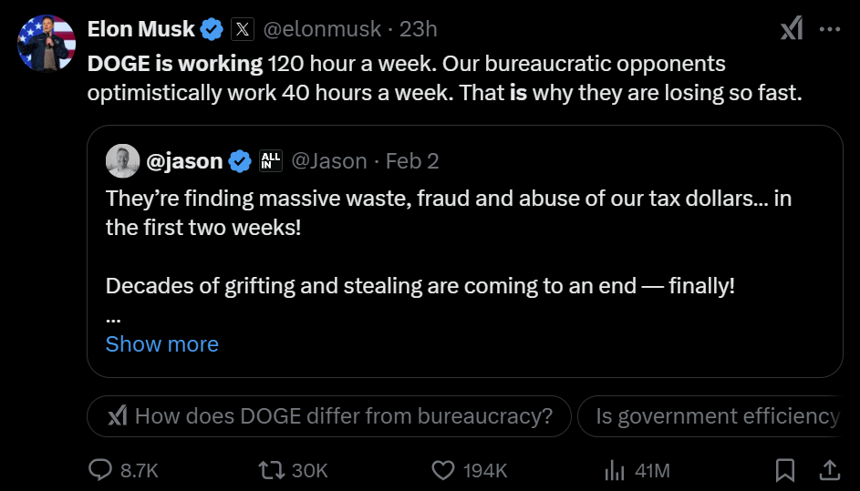 市场看到了吗?“马斯克式”削减赤字,震动美国政坛,“DOGE每周无偿工作120小时,而官僚们只有40小时”!