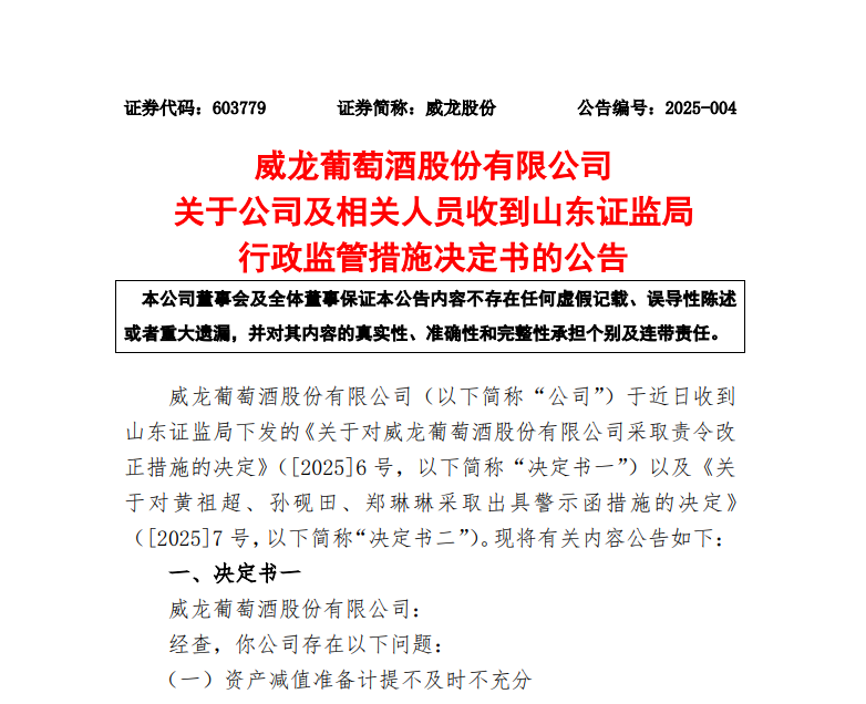 威龙股份被责令改正,时任董事长黄祖超、总经理孙砚田被出具警示函
