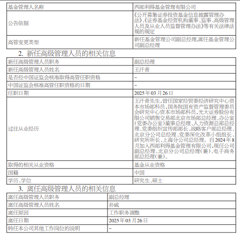 西部利得基金高管变更:孙威职务调整离任 原光大证券老将王汗青出任副总经理