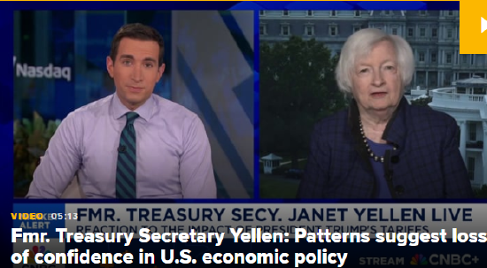 耶伦:由于关税问题,经济衰退风险 “大幅上升”