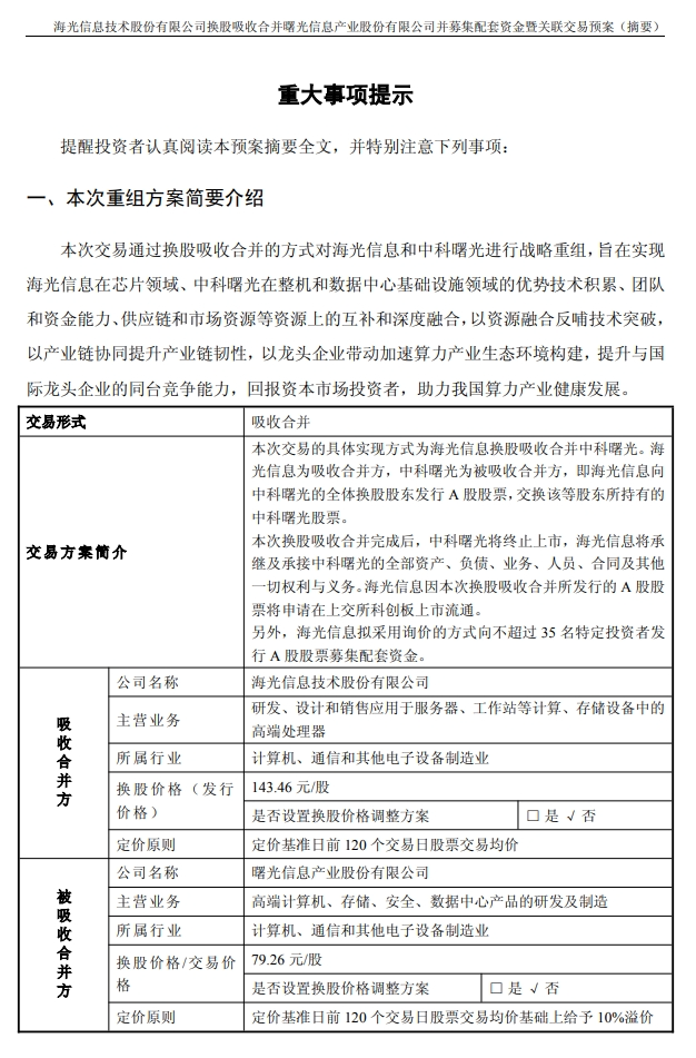 千亿重组预案出炉,海光信息、中科曙光,明日复牌