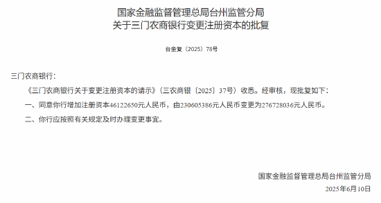 三门农商行获批增加注册资本4612.265万元