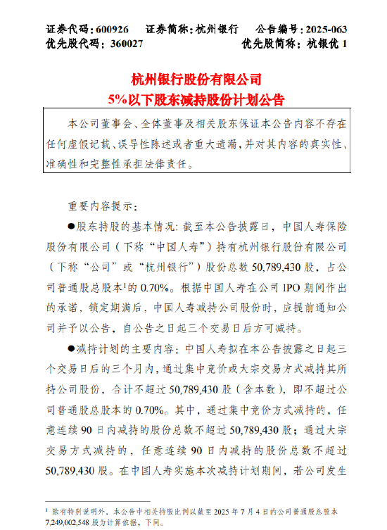 杭州银行：中国人寿拟减持不超0.70%公司股份