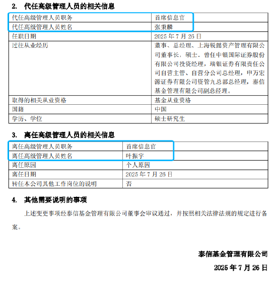 规模回升期核心管理层换防:泰信基金首席信息官叶振宇离任,总经理张秉麟代行职责