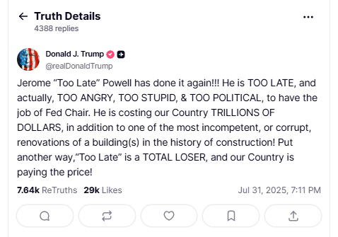 9月降息要泡汤?特朗普再炮轰鲍威尔:他不配担任美联储主席!