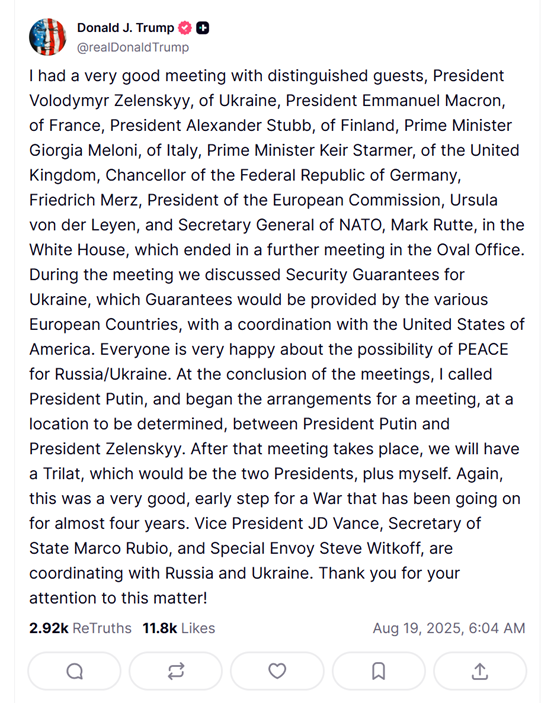 特朗普:已开始安排“普泽会” 随后将举行美俄乌三方领导人会晤