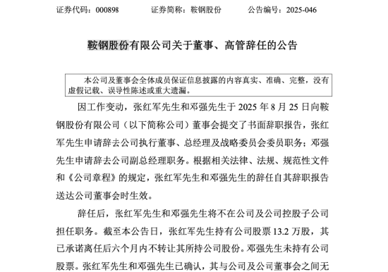 鞍钢股份总经理张红军、副总经理邓强同日辞任,2024年公司亏71亿总经理年薪近百万